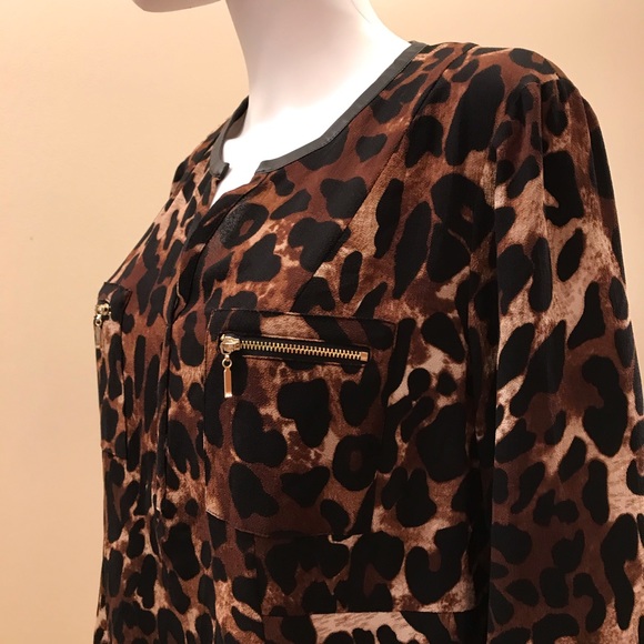 Rafaella Animal Print Tunic Top Womens Size Large Brown Black Faux Leather Trim - Picture 12 of 15